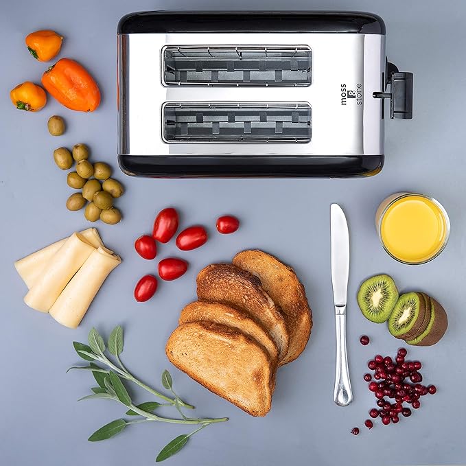 Moss & Stone 2 Slice Toaster, 1.5in Extra-Wide Slot For Bagel & Defrost with 5 Shade Settings, Bread Toaster 2 Slice With Removable Crumb Tray, Black