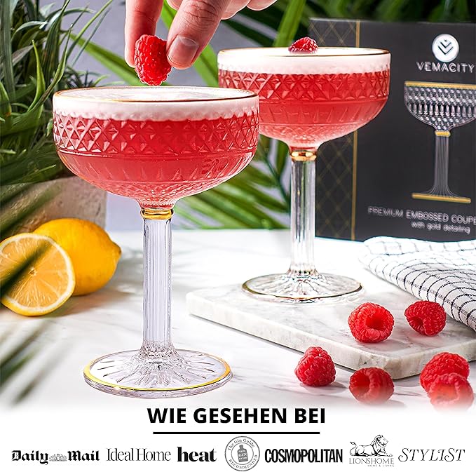 VEMACITY - Embossed Coupe Glasses Set of 4 (10oz) | Vintage Espresso Martini Glasses with Gold Rims | For Champagne, Margarita, Cosmopolitan, Martini | Ideal for Christmas & New Years