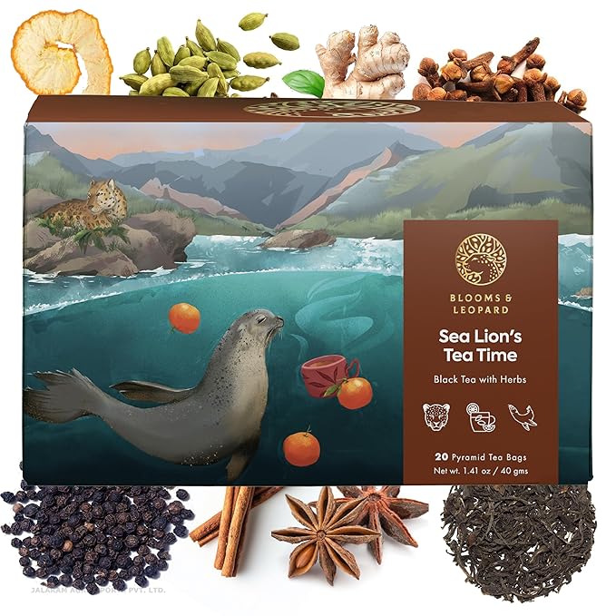 Blooms & Leopard Premium Tea Duo | Sea Lion’s Spiced Black Tea (Cardamom, Clove, Cinnamon, Ginger & Pepper) + Hummingbird’s Holiday Herbal Tea (Chamomile, Lavender, Rose & Valerian) | Wellness & Relax
