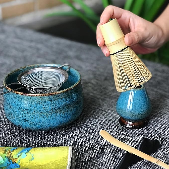 Japanese Matcha Tea Set(7pcs),Matcha Bowl And Whisk Set,Whisk Holder, Matcha Powder Sifter, Bamboo Scoop,The Perfect Matcha Tools Kit For Matcha Tea Ceremony (Kiln Glaze-Blue)