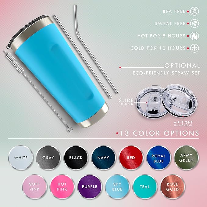 Personalized Tumbler with Engraved Name - 12 Designs, 20 Oz Coffee Tumbler with Slider Lid, White, Double Wall Insulated - Custom Gifts for Women
