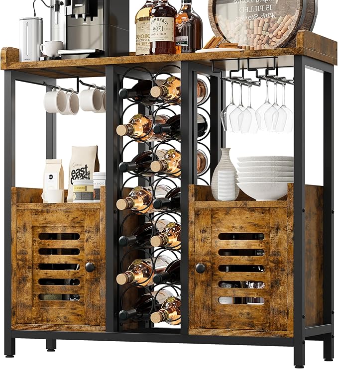 IRONCK Bar Cabinet, Liquor Cabinet Bar with Storage, Small Wine Bar Cabinet with Wine Glass Holder, Industrial Coffee Bar for Home, Kitchen, Dining Room