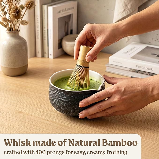 Matcha Kit Whisk Set (7 Pcs) - Complete Matcha Set, Matcha Bowl with with Bowl, Whisk and Holder, Bamboo Spoon/Scoop, Scoop Rester and Sifter incl. Booklet