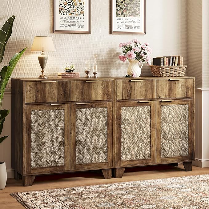 ONBRILL Sideboard Buffet Cabinet with 2 Drawers, Coffee Bar Cabinets with 2 Doors, Boho Farmhouse Accent Credenza Buffet Table Console Cabinet with Adjustable Shelves for Living Room, Entryway, Brown