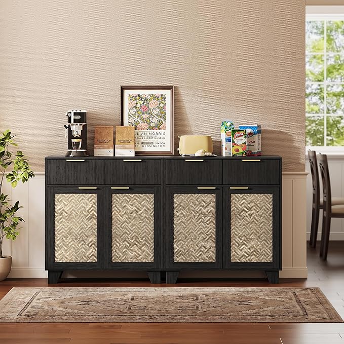 ONBRILL Sideboard Buffet Cabinet with 2 Drawers, Coffee Bar Cabinets with 2 Doors, Boho Farmhouse Accent Credenza Buffet Table Console Cabinet with Adjustable Shelves for Living Room, Entryway, Black
