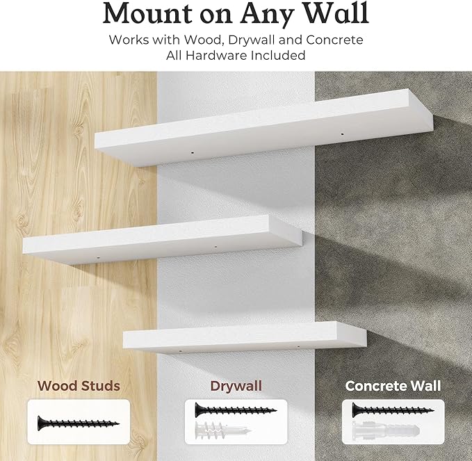 Floating Shelves for Wall, 9.3" Deep Wall Mounted Wood Shelves for Bathroom, Bedroom, Living Room, Kitchen, Hanging Shelf for Books/Storage/Room Decor (White, 48")