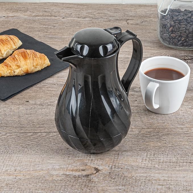 Restaurantware-Restpresso 20 Ounce Coffee Carafe, 1 Insulated Coffee Server - Push-Button Top, Swirl Design, Black Plastic Pitcher, Built-In Handle, With Identification Tags