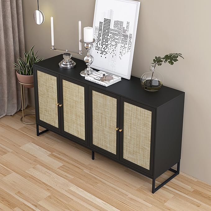 Modern Sideboard Cabinet, Accent Storage Cabinet with Rattan Doors and Adjustable Shelves, Freestanding Sideboard Storage Cabinet for Kitchen Dining Living Room Hallway Office (Black)