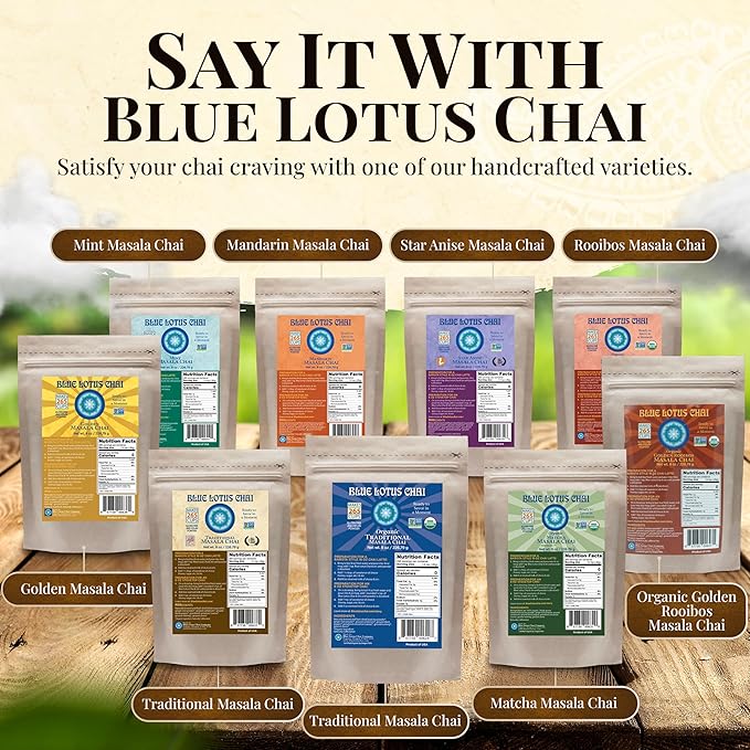 Blue Lotus Chai – Fully Organic Traditional Masala Chai - Makes 265 Cups – Just Add Hot Water, No Steeping, No Gluten - 8 Ounce Masala Spiced Chai Powder with Organic Spices – Authentic Indian Tea