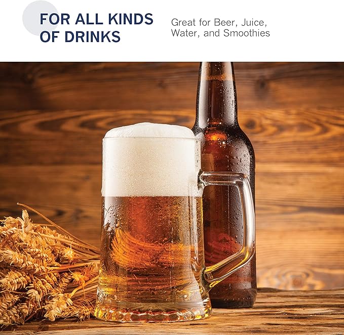 Bormioli Rocco 4-Pack Solid Heavy Large Beer Glasses with Handle - 17.1/4 Ounce Glass Steins, Traditional Beer Mug glasses Set, Perfect Coffee - Tea Glass, Everyday Drinking Glasses, Cocktail Glasses