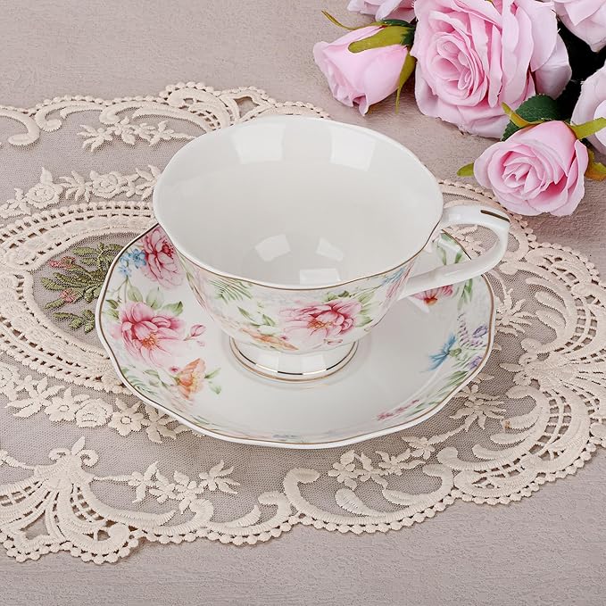 fanquare 7 oz Floral Tea Cup and Saucer Set for Afternoon Tea, British Style Porcelain Coffee Cup with Gold Trim for Home Party Gifting