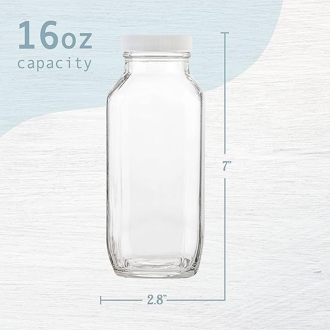 kitchentoolz 16oz Square Glass Milk Bottle with Lid - Airtight Vintage Reusable Dairy Drinking Jars Containers for Milk, Yogurt, Smoothies, Juice, Kefir, & Water -2 Pack 16 oz Glass Bottles with Lids