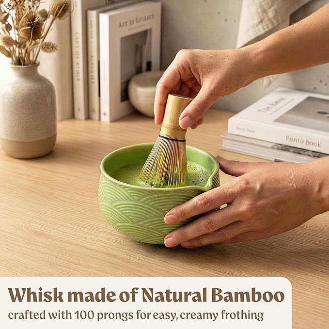 Matcha Kit Whisk Set (7 Pcs) - Complete Matcha Set, Matcha Bowl with Spout, Whisk with Holder, Bamboo Scoop with Rest and Sifter, Perfect Kit for Matcha Lovers (Green Mist)