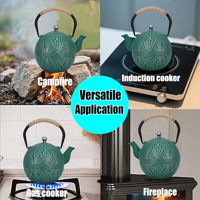 Enameled Cast Iron Teapot 34oz（1000ml） - Japanese Style Kettle with Removable Stainless Infuser & Ergonomic Handle, Stovetop Safe for Loose Leaf Tea Green and silver (Green and silver)
