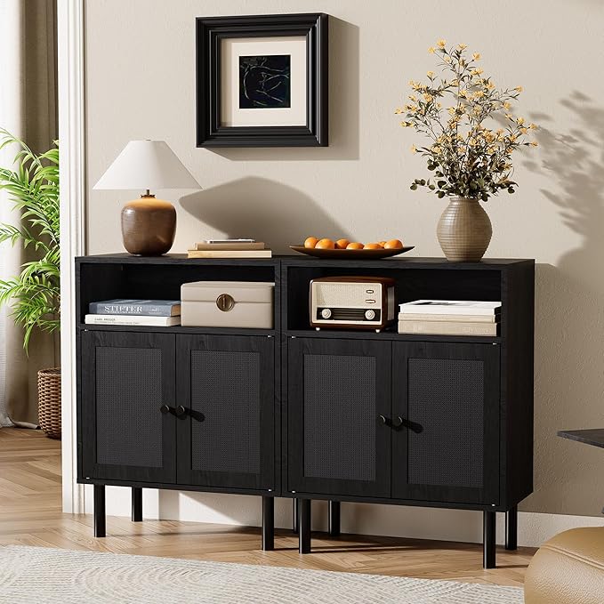 Rattan Storage Cabinet, Boho Accent Cabinet with Double Doors, Small Freestanding Sideboard for Hallway, Laundry Room,Kitchen, Dining Room, Entryway(Black)