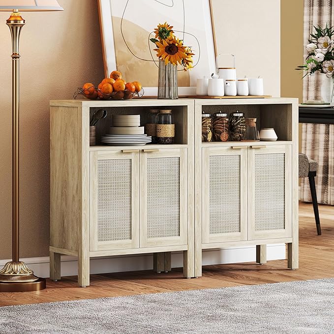 HOMCOM Rattan Sideboard Buffet Cabinet with Storage, Modern Accent Cabinet with 2 Doors and Adjustable Shelf, Freestanding Buffet Table for Entryway Living Room, Natural