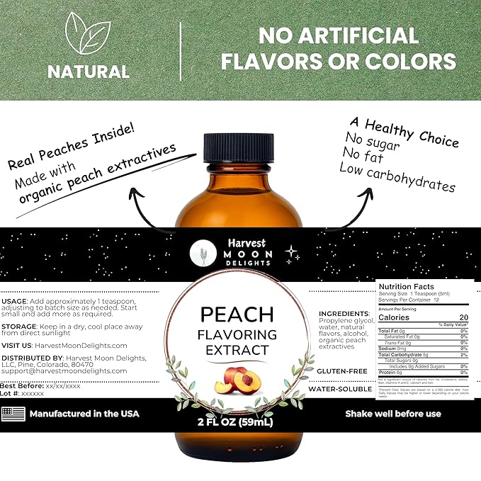 Natural Peach Extract - 2 oz - Water-Soluble - By Harvest Moon Delights - Peach Extract for Baking, Ice Cream, Drinks, and Candy - Flavoring, Flavor - Sugar-Free