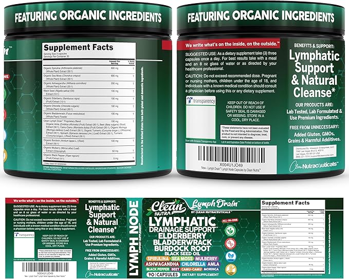 Organic Lymphatic Drainage Supplements | Elderberry Bladderwrack Burdock Root Black Seed Oil Spirulina Sea Moss Ashwagandha Chlorella Amla Beet Moringa Chlorophyll Lymph System Capsules By Clean Nutra