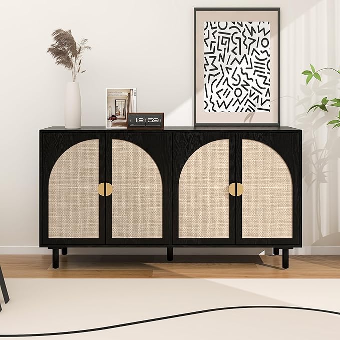 Black Sideboard Buffet Cabinet, 4-Door Rattan Storage Cabinet, Coffee Bar with Adjustable Shelf, Accent Furniture for Living Room, Entryway, Home Office, Black