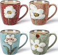 Maxdot 4 Pcs 12oz Ceramic Coffee Mugs Sets Glazing Process Cappuccino Mug Floral Ceramic Tea Cups Christmas Housewarming Idea Gift for Women Porcelain Cup for Coffee, Cocoa, Tea, Latte (Classic)