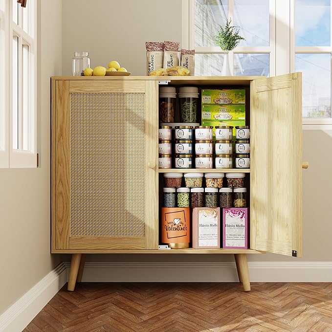 2 Door Rattan Storage Cabinet, Wood Kitchen Sideboard Buffet Console Table with Shelves for Living Room, Hallway, Kitchen, Oak