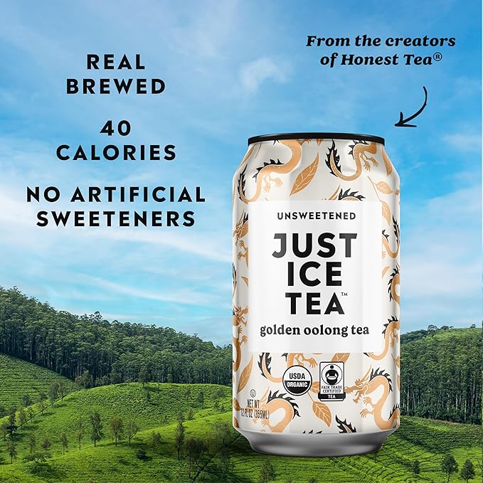Just Ice Tea, Golden Oolong Iced Tea, 12-Pack (12oz Cans), Green Tea, USDA Certified Organic, Real Brewed, No Calories, Unsweetened, Fair Trade, Made in USA.