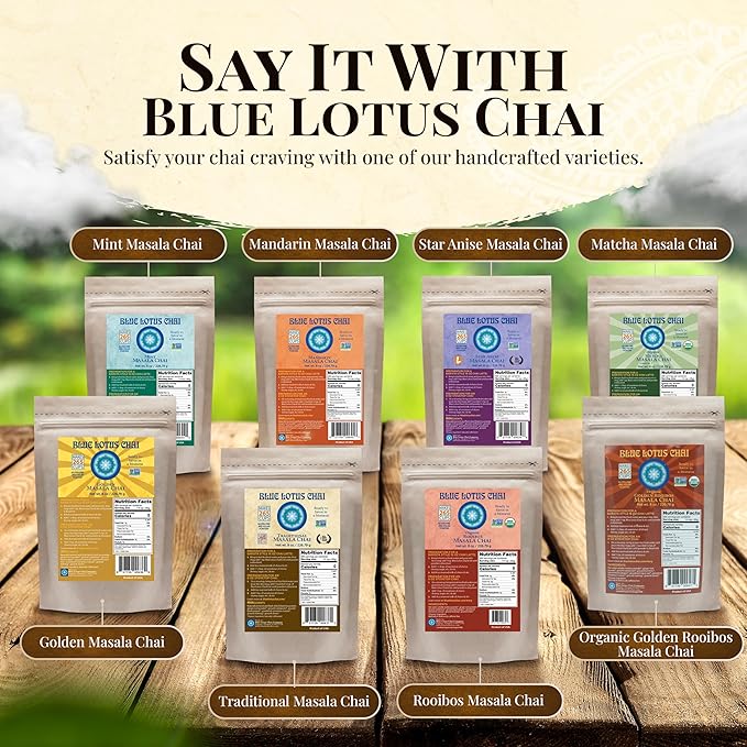 Blue Lotus Chai – Organic Rooibos Masala Chai - Makes 265 Cups – Caffeine-Free, No Steeping, No Gluten - 8 Ounce Masala Chai Powder with Organic Spices – Authentic Indian Tea