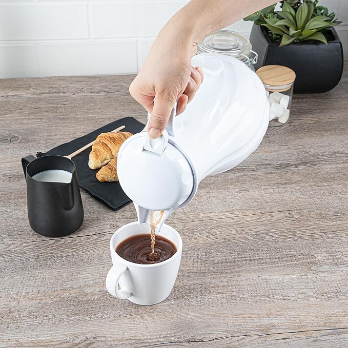 Restaurantware-Restpresso 42 Ounce Coffee Carafes, 10 Insulated Coffee Servers - Push-Button Top, Swirl Design, White Plastic Pitchers, Built-In Handle, With Identification Tags