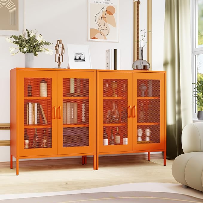 Metal Locker Storage Cabinet with 2 Mesh Doors and Adjustable Shelves,Orange Metal Locker Cabinets,Coffee Bar Cabinet,Kitchen Pantry Storage Cabinets for Home,Sideboard,Office(40" H)