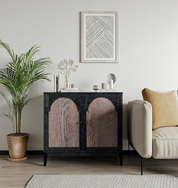 SANGO Arch 2-Door Accent Cabinet, Modern Black & Brown Storage Cabinet with Elegant Arched Doors, Adjustable Shelf, Sturdy Wooden Legs, Stylish Furniture for Living Room or Office Room