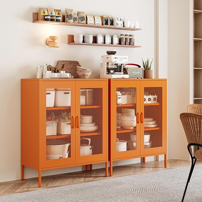 Metal Locker Storage Cabinet with 2 Mesh Doors and Adjustable Shelves,Orange Metal Locker Cabinets,Coffee Bar Cabinet,Kitchen Pantry Storage Cabinets for Home,Sideboard,Office(40" H)