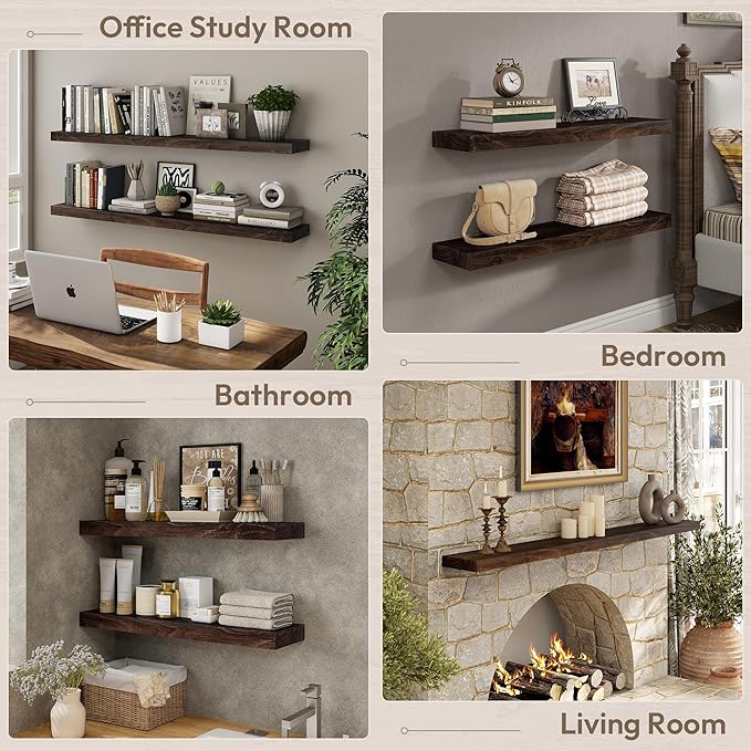 Marsmiles 24 inch Floating Shelves for Wall Solid Elm Wood Shelves|Rustic Wall Shelves with Invisible Heavy-Duty Bracket for Bathroom Living Room Kitchen|Walnut, 2 Pack