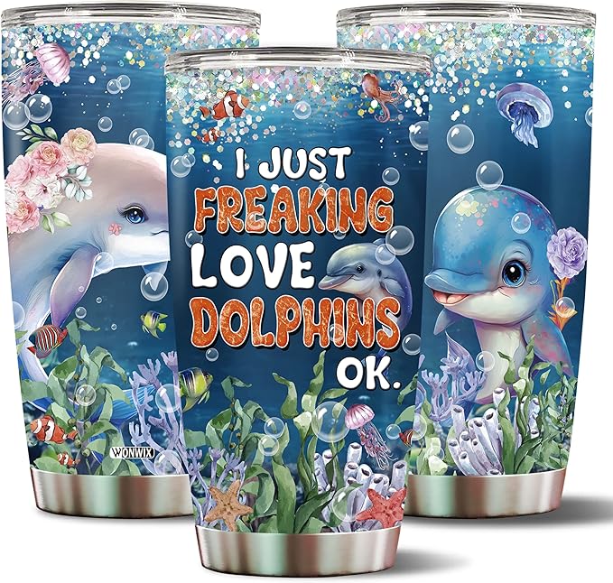 Dolphin Tumbler 20oz Cute Animal Gift for Women, Girls Who Freaking Love Dolphins Lovers Perfect Birthday Christmas Valentine Wife Daughter Mother Insulated Stainless Steel Coffee Cup with Lid