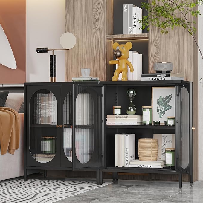 Small 2 Transparent Door Metal Storage Side Buffet Cabinet for Bed Room,Living Room,Entryway,Hallway,Home,Hotel,Office,Garage,Kitchen,1 Removable Shelf. (Transparent Door, Black)
