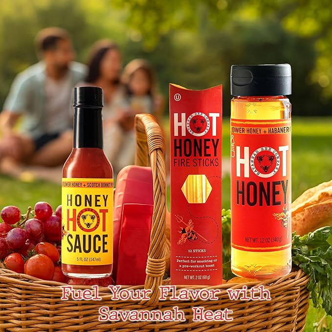 Savannah Bee Company Hot Honey Box Gift Set - Award-Winning Honey Collection - Includes Hot Honey, Sauce, and Fire Sticks - Perfect Gourmet Gift for Spice Lovers