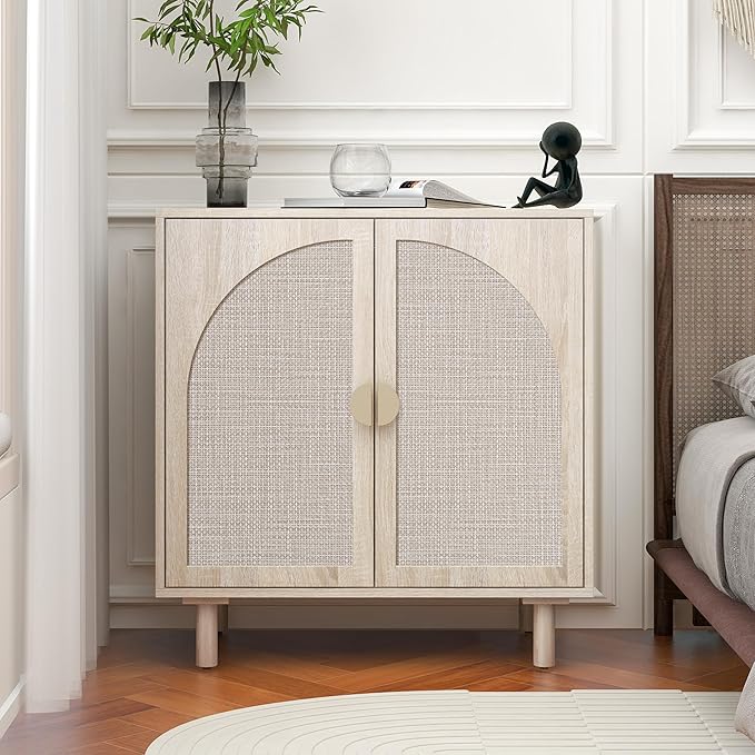 2-Door Storage Cabinet with Textured Woven Doors, Modern Sideboard Buffet for Small Spaces & Apartments, Accent Cabinet with Adjustable Shelf for Moving Season for Living Dining Room