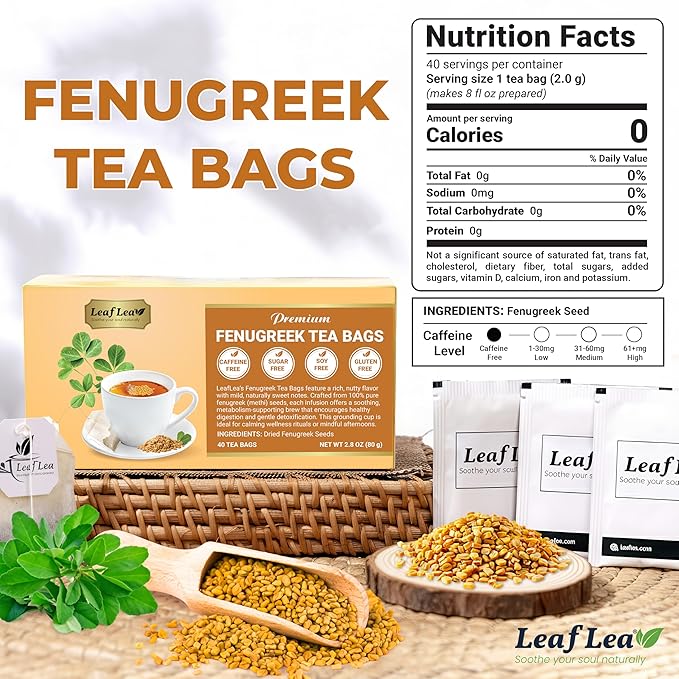 LeafLea 80 Premium Fenugreek Tea Bags, Natural Fenugreek Seed for Toasty Flavor & Sweet Aroma, Fenogreco Tea with Gentle Warmth, Caffeine-Free, Sugar-Free, Vegan, Individually Wrapped for Freshness