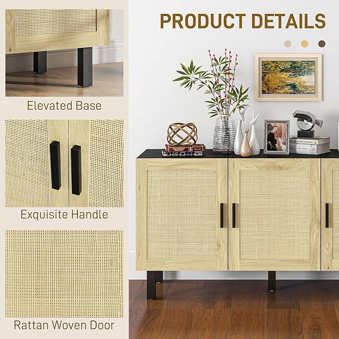 HOMCOM Boho Sideboard Buffet Cabinet, Coffee Bar Cabinet with 3 Rattan Doors and Adjustable Shelves for Kitchen, Living Room, Black and Natural