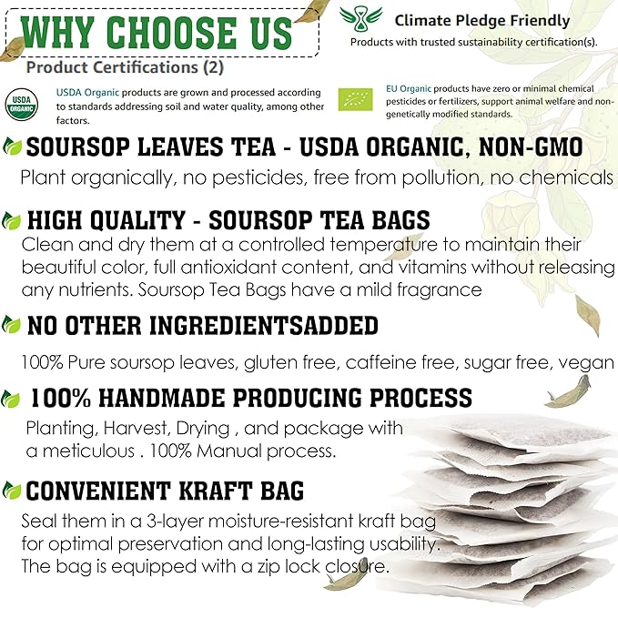 KEYXE - USDA Organic Soursop Graviola Leaves Tea 90 Bags. Non-GMO Verified , 100% Organic Soursop Leaves for Digestion, Boosting Immune, Improving Sleep & Skin Health, Gluten Free, Caffein Free , Hojas De Guanabana Tea Organica, Eco-Conscious Tea Bags