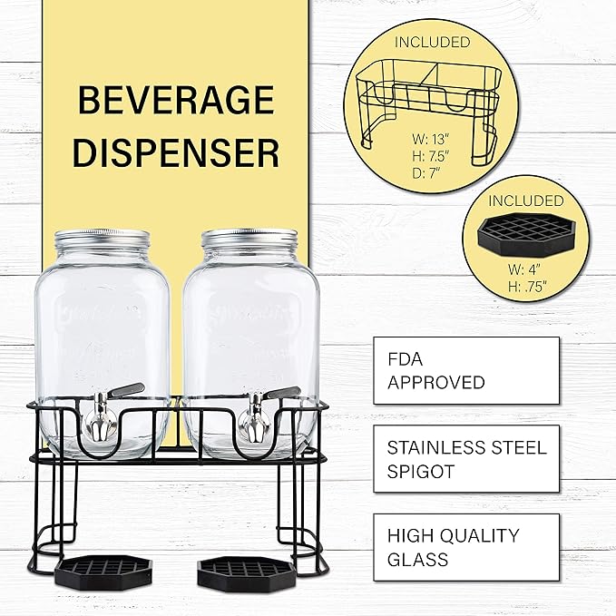 Dual Gallon Glass Beverage Dispensers with Metal Stand, Stainless Steel Spigot, Metal Lid and Drip Trays- Gallon Glass Yorkshire Mason Container for Kombucha Fermenting, Iced Tea and more