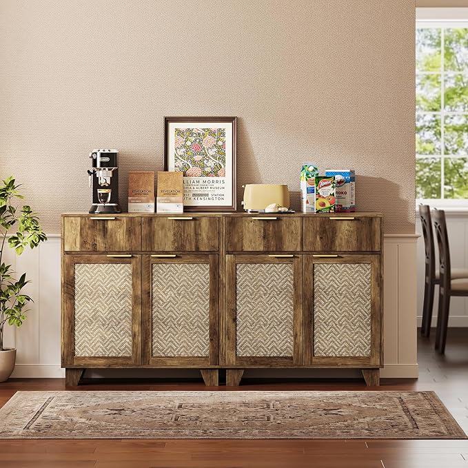 ONBRILL Sideboard Buffet Cabinet with 2 Drawers, Coffee Bar Cabinets with 2 Doors, Boho Farmhouse Accent Credenza Buffet Table Console Cabinet with Adjustable Shelves for Living Room, Entryway, Brown