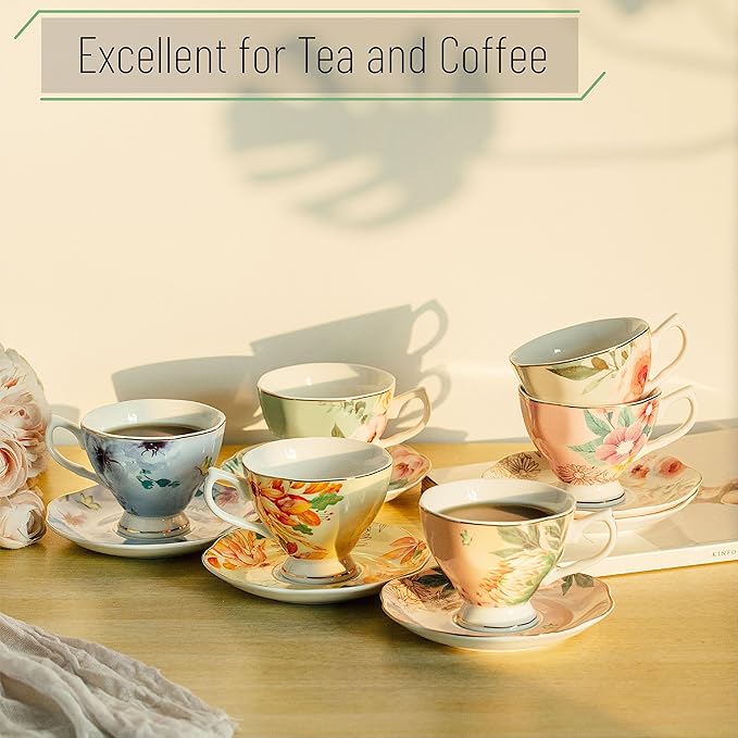 BTaT- Floral Tea Cups and Saucers Set of 6 (8 oz), Porcelain Tea Cups Set of 6, Pastel Flower Garden Design with Gold Trim, Dishwasher Safe
