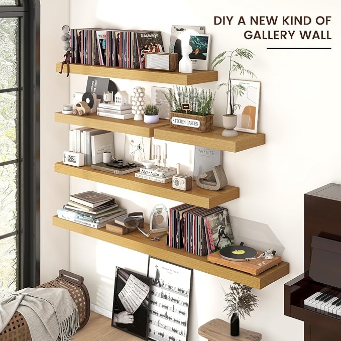 Floating Shelves for Wall, Engineered Wood Wall Shelves with Invisible Brackets for Living Room Bedroom Bathroom Office Kitchen Decor and Storage (Oak, 36" W x 9" D x 1.5" H) Set of 2