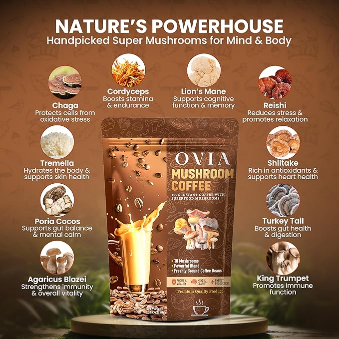 OVIA Natural 10 Mushroom Coffee with 3500mg for Weight Management, Focus & Gut Health - Daily Dose Ten Mushroom Coffee for Clean Energy - Low Caffeine Adaptogenic Instant Coffee with Lion’s Mane,Chaga