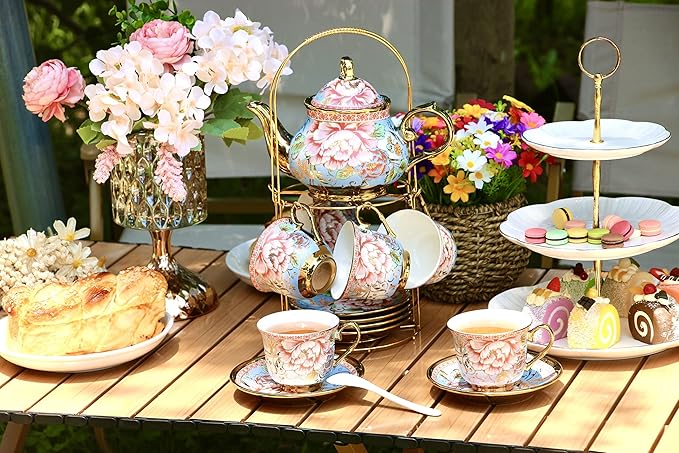 20 Pieces Porcelain Tea Set With Metal Holder, European Ceramic tea set for adults,Flower Tea Set,Tea Set For Women With Flower Painting(Large version, Light Blue))