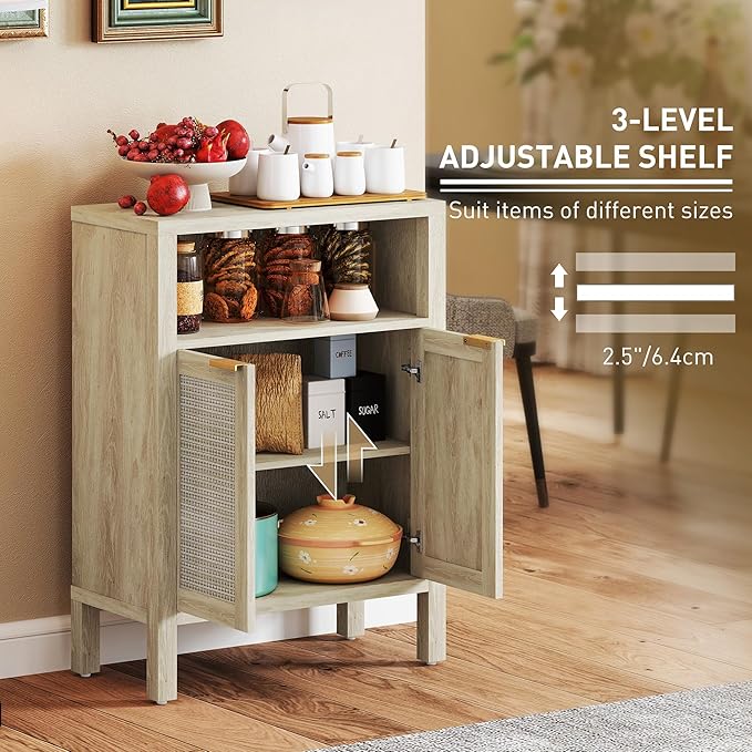HOMCOM Rattan Sideboard Buffet Cabinet with Storage, Modern Accent Cabinet with 2 Doors and Adjustable Shelf, Freestanding Buffet Table for Entryway Living Room, Natural