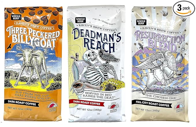Raven's Brew Whole Bean Coffee Variety Pack - 3 Delicious Flavors - Three Peckered Billy Goat, Deadman's Reach and Resurrection Blend - 12oz each