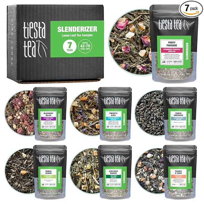 Tiesta Tea - 7 Green Teas Dry Flight Sampler, Loose Leaf, Medium Caffeine Hot & Iced Tea, Premium Green Tea Blends, 7 Resealable Sample Pouches