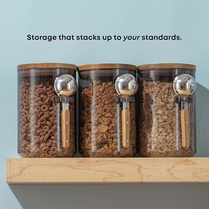 JoyJolt Holden 32oz Stackable Glass Storage Containers with Lids and Scoops, Airtight Food Canister Set of 3 w/Acacia Wood Lids, Round Stacking Pantry and Kitchen Containers w/Scoop | Smoke