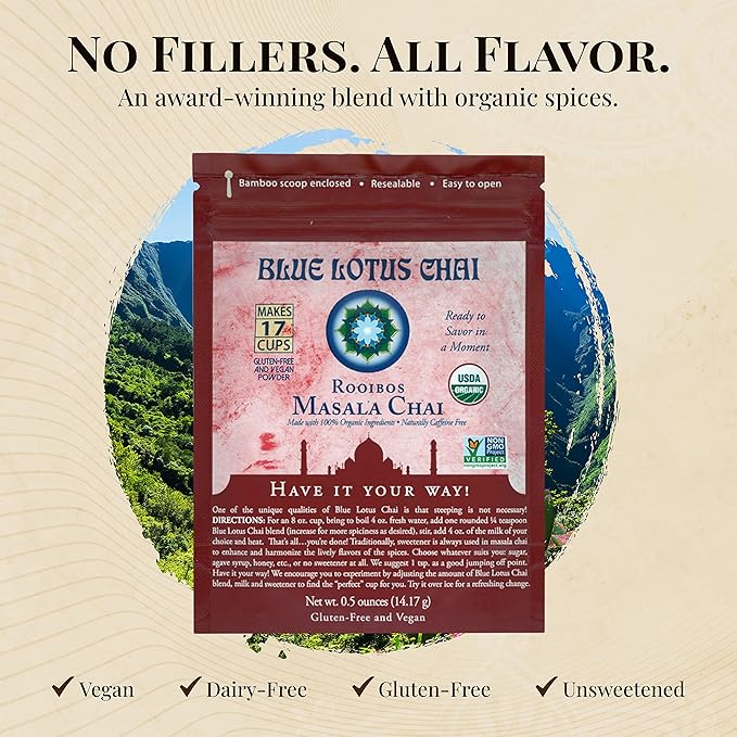 Blue Lotus Chai - Rooibos Masala Chai - Makes 17 Cups - 0.5 oz Pouch Masala Spiced Chai Powder with Organic Spices - Instant Indian Tea No Steeping - No Gluten